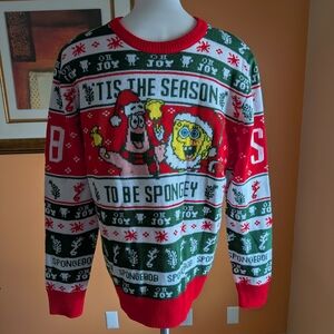 SpongeBob Man’s SquarePants Holiday Sweater - Red, Green, White Size XL